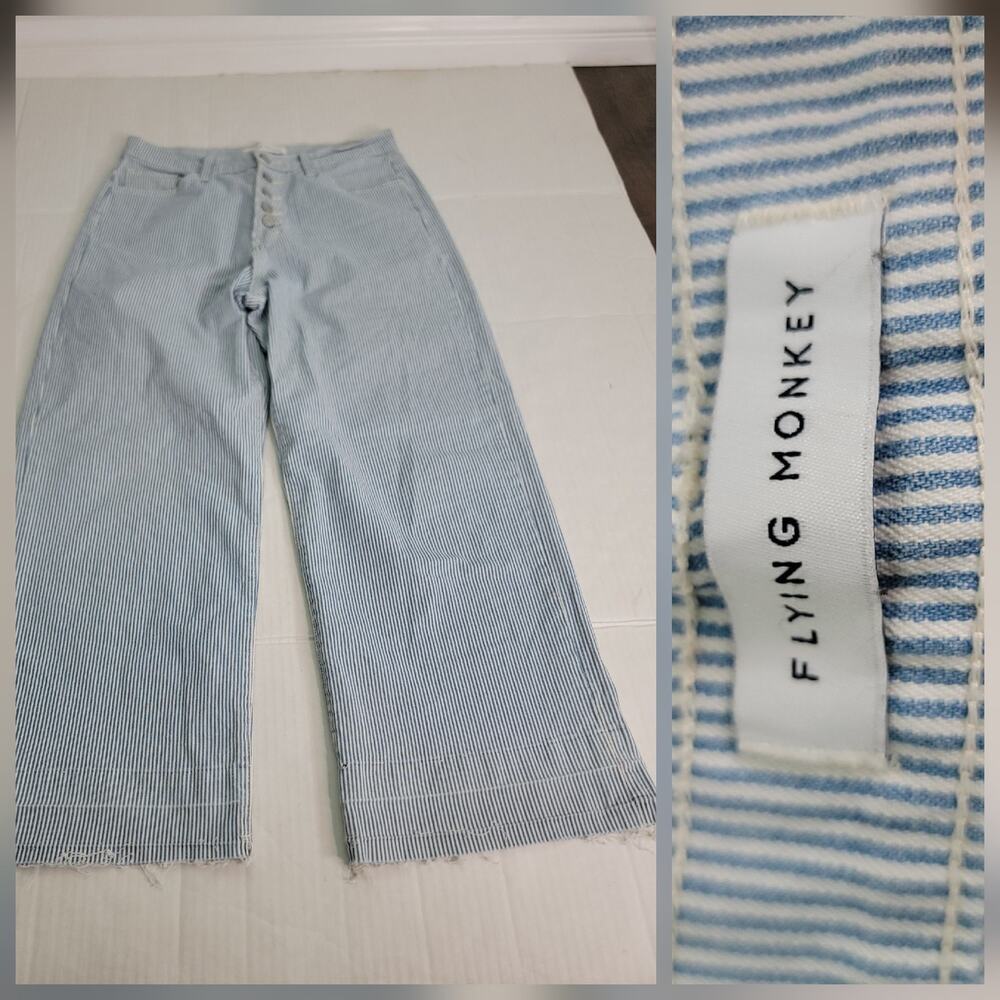 Flying Monkey Denim Pants SZ 28 Straight Wide Leg Striped High Rise Button Fly